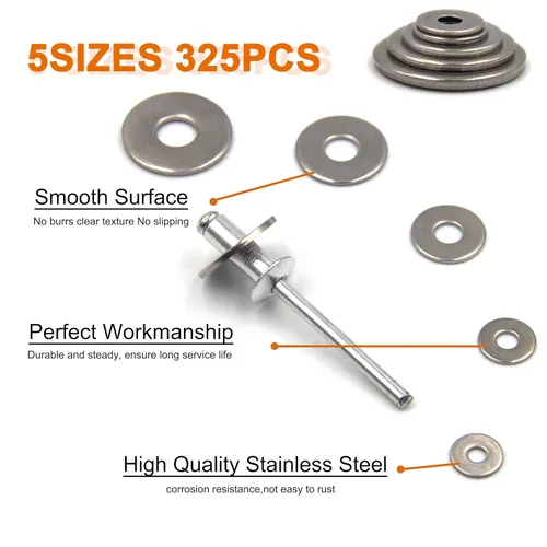 Vista 3 de ISPINNER Kit surtido de 325 arandelas de remache de respaldo, arandelas de acero inoxidable para remaches ciegos de diámetro 3/32 pulgadas 1/8