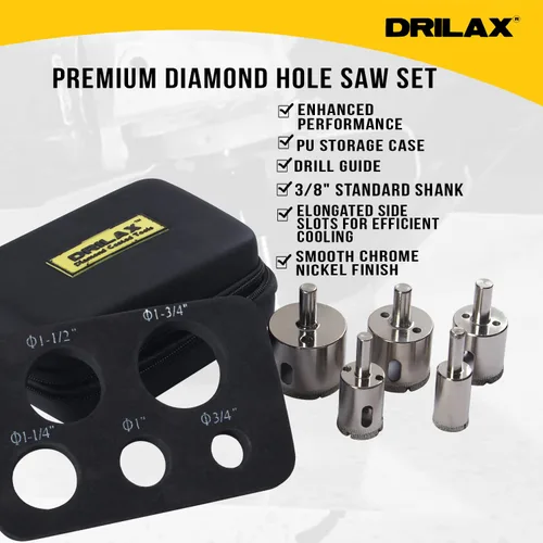 Vista 8 de Drilax Juego de sierra perforadora de diamante de 34 pulgadas, 1 pulgada, 1-14, 1-12, 1-34 pulgadas, cortes extra largos con guía de inserción