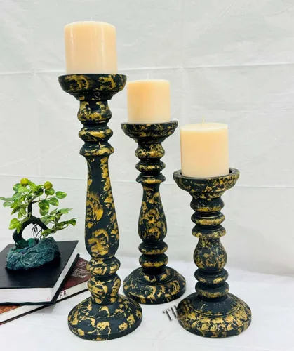 Portavelas de madera para velas de pilar, portavelas alto rústico (juego de 3), portavelas de granja grande, juego de portavelas de pilar para