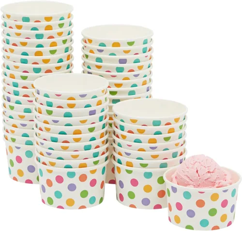 Vista 9 de BLUE PANDA Vasos de papel para helado, 50 unidades, diseño de lunares arcoíris, desechables para helados y aperitivos, cuencos de helado, tazas