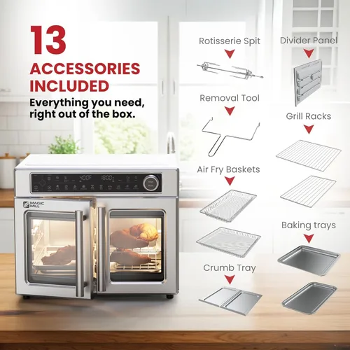 Vista 5 de Magic Mill Combo de horno tostador con freidora de aire ultra premium con tecnología independiente de doble zona, horno de convección de acero Acero