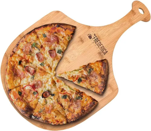 Vista 2 de Pala de madera de bambú prémium para pizza y tabla de cortar con mango (para hornear pizza, pan, cortar frutas, verduras, queso) – Tamaño personal