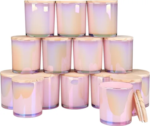Vista 13 de SHOWIN Tarros de vela gruesos de 10 onzas para hacer velas, 15 unidades, tarros vacíos con tapas de madera para hacer velas, contenedor de muestra