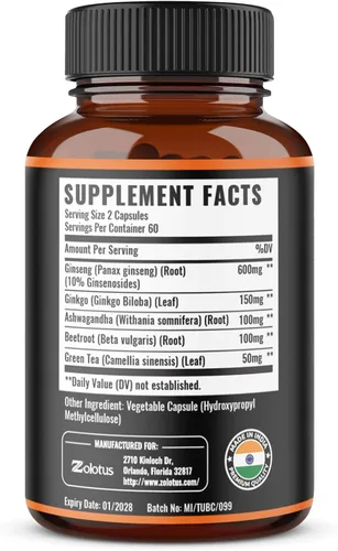 Vista 2 de Zolotus Panax Ginseng rojo coreano + ginkgo biloba, ashwagandha, remolacha, té verde - 120 cápsulas (paquete de 2)