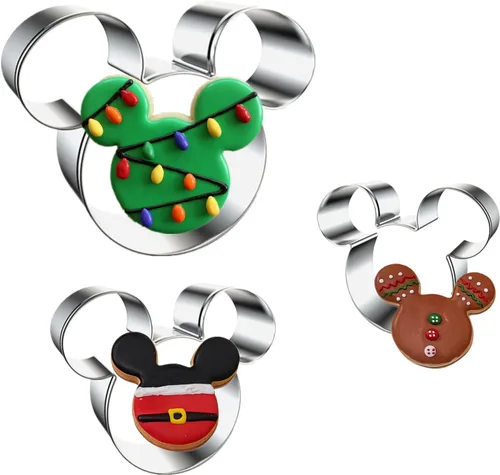 Vista 4 de 3 piezas de cortadores de galletas de Mickey Mouse, moldes temáticos de formas de cara de Mickey Mouse, cortadores de metal de acero inoxidable
