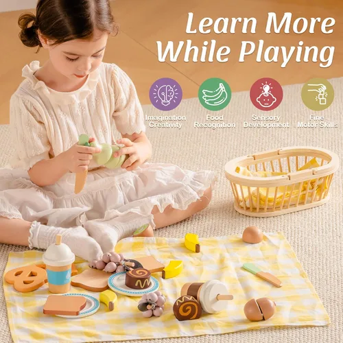 Vista 4 de ROBOTIME Juegos de alimentos de madera para cocina de niños, 14 piezas de juguetes de comida de simulación, cesta de picnic con frutas, postres
