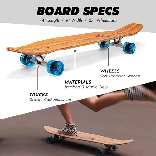 Vista 2 de Magneto 44 inch Kicktail Cruiser Longboard Skateboard Bamboo and Hard Maple Deck Made for Adults, Teens, and Kids