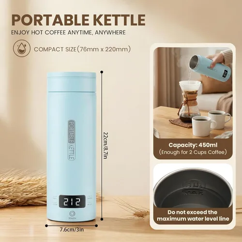 Vista 2 de Hervidor eléctrico portátil para viajes, pequeña tetera de agua caliente con control de temperatura NTC y apagado automático, acero inoxidable 316