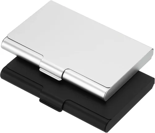 PATIKIL Portatarjetas de visita, paquete de 2 fundas de bolsillo profesional de metal de aluminio para tarjetas de nombre y crédito, negro y plateado
