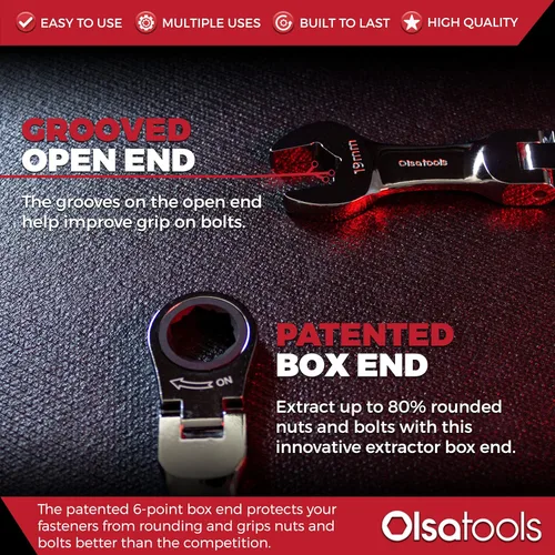 Vista 6 de Olsa Tools Juego de llaves de trinquete rechonchas, 12 piezas, cabezal flexible métrico, extremo de caja de 6 puntos, 120 dientes, funciona