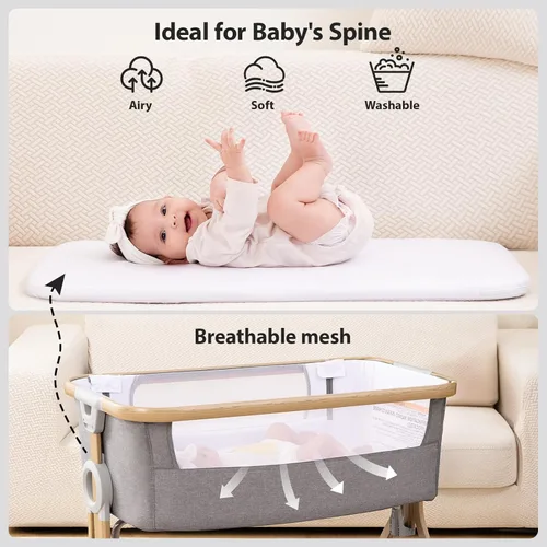 Vista 6 de Larex Cuna para bebé con mosquitera, bolsa de almacenamiento y canasta, 5 alturas ajustables, ruedas móviles, colchón transpirable y malla