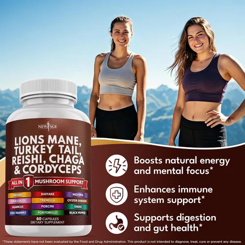 Vista 3 de NEW AGE Suplemento de hongo melena de león con cola de pavo Reishi Cordyceps Chaga con raíz de malvavisco