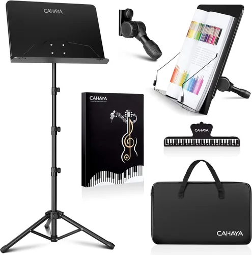 CAHAYA 5 en 1 Soporte elevado de doble uso para partituras y libro de escritorio, de metal, portátil con parte trasera sólida, altura ajustable de