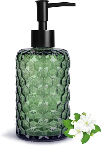 Vista 7 de 14Oz Gold Pump Glass Soap Dispenser, Amber Diamond Design Countertop Refillable Liquid Bottle Hand Dish Lotion Dispenser with Plastic Pump, for