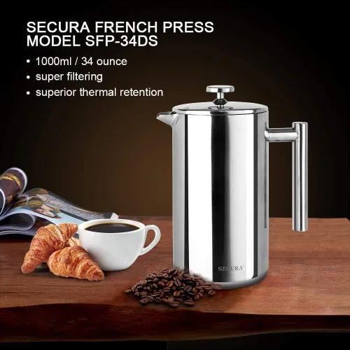 Vista 7 de Secura Cafetera de prensa francesa, prensa de café aislada de acero inoxidable de grado 304 con 2 pantallas adicionales, 34 onzas (1 litro)