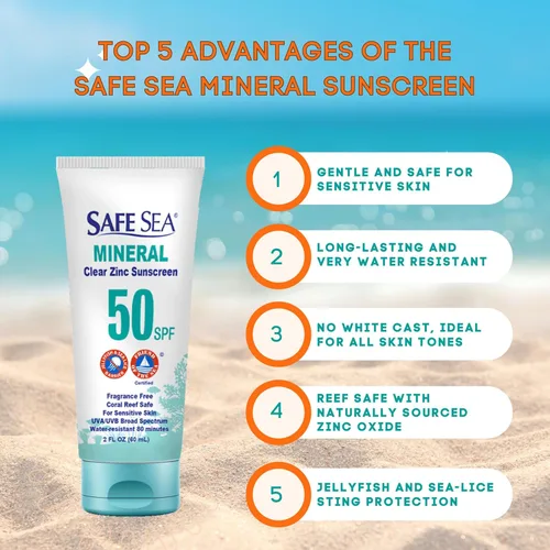 Vista 2 de Safe Sea Protector solar de óxido de zinc SPF50 Protector solar facial mineral transparente Loción protectora antipicaduras de medusas Seguro