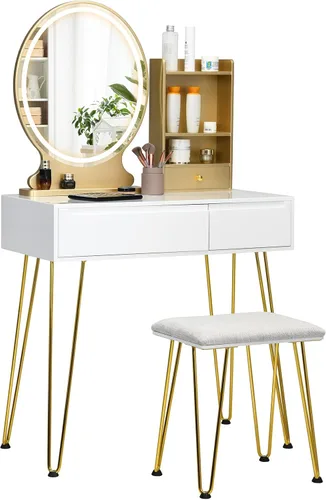 Vista 54 de CHARMAID Tocador de maquillaje con espejo iluminado, 3 cajones y 3 estantes de almacenamiento, 3 juegos de iluminación, brillo ajustable, tocador