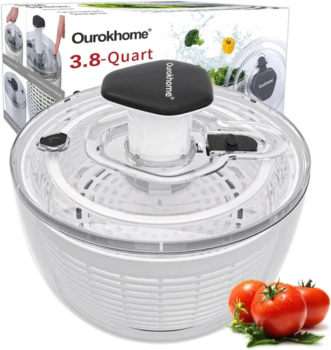 Ourokhome Centrifugadora de Ensalada Secadora de Lechuga, Secadora de Vegetales Grande de Presión Fácil con Una Mano, Mezcladora de Ensalada con