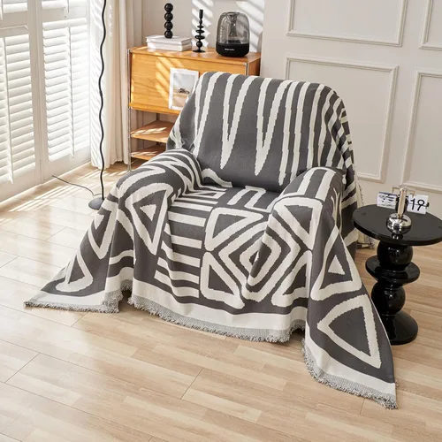 Vista 35 de VClife Funda bohemia de felpilla para sofá, apta para mascotas, gruesa, beige, crema, blanco, a cuadros, triangular, con borlas, agradable a