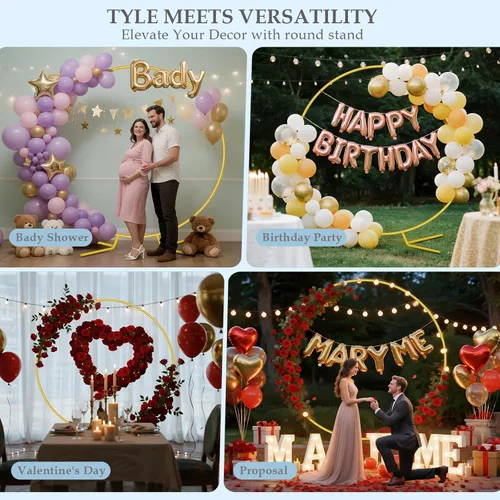 Vista 4 de Kit de soporte redondo de arco de globos de 7.2 pies, soporte de arco de metal para fiestas, marco de arcos de boda dorado con base para ceremonia