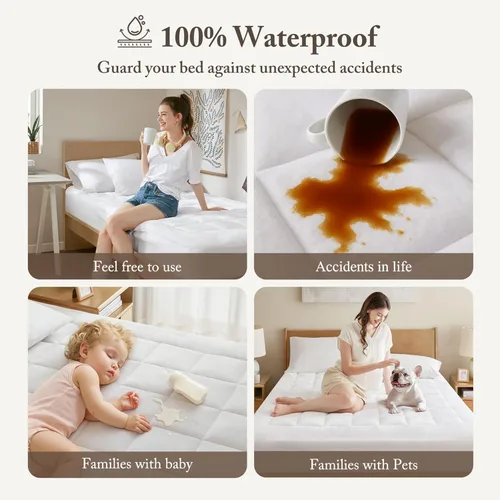 Vista 4 de Madison Park Protector de colchón impermeable, funda de colchón de felpa suave Cloud con sobrerelleno, bolsillo ajustable que se adapta a hasta 18