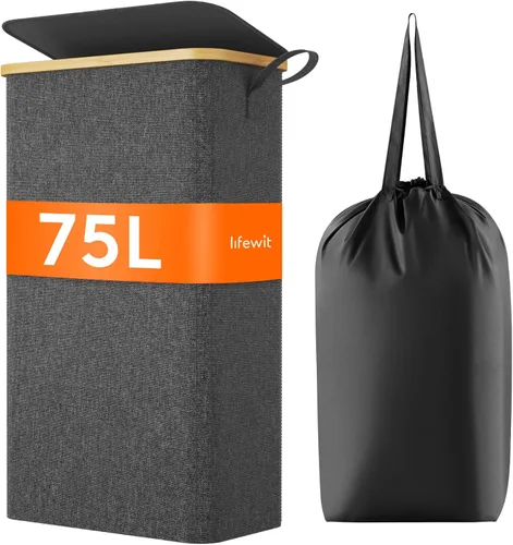 Vista 10 de Lifewit Cesta de lavandería delgada de 50 litros con tapa, cesta estrecha para la ropa sucia con bolsa extraíble y asas de bambú, canasta plegable