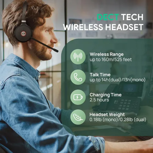 Vista 3 de Yealink WH62 DECT Mono Teams Auriculares Inalámbricos, Auriculares de Trabajo con Rango de 525 pies con Micrófono de Cancelación de Ruido 2X