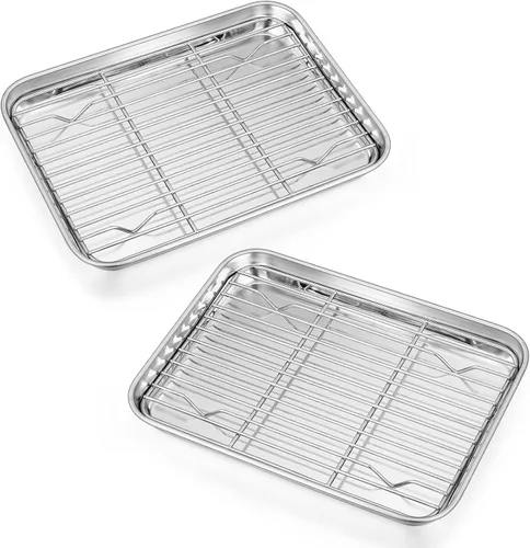 P&P CHEF Sartenes para horno tostador de 9 pulgadas con estantes, 4 piezas de bandeja de horno de acero inoxidable para hornear y estante de
