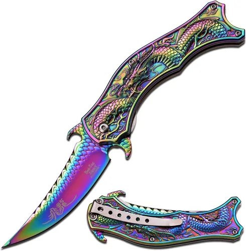 Vista 4 de Cuchillo asistido por resorte Dark Side Ballistics, DS-A019BL-MC, acero inoxidable 3CR13, recubierto de TiNite azul, tema de dragón, clip