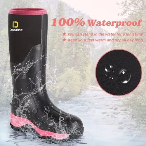 Vista 3 de D DRYCODE Botas de goma para mujer con vástago de acero, botas de lluvia cálidas de neopreno de 0.236 pulgadas (0.236 in), botas de lluvia cálidas e