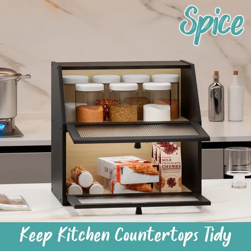 Vista 5 de Caja de pan extra grande negra para mostrador de cocina, caja de pan de bambú de doble capa grande, capacidad de almacenamiento de pan de madera