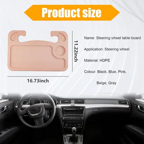 Vista 2 de Dickno Escritorio para volante de automóvil, bandeja multiusos para volante con soporte para bebidas, bandeja de comida para volante para comer