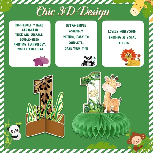 Vista 3 de 10 centros de mesa de panal Wild One, decoraciones de cumpleaños para niños y niñas, centros de mesa de safari para mesas 3D de doble cara para baby