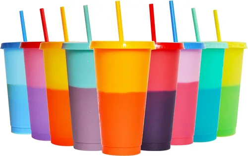 Vista 8 de Vasos que cambian de color, paquete de 5 vasos de plástico de 24 onzas, tazas reutilizables para café helado y batido con tapas y pajitas