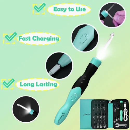 Vista 4 de Juego de ganchos para crochet iluminados Yarniss de 2,5 mm a 14,0 mm, 17 tamaños de ganchos para crochet con funda