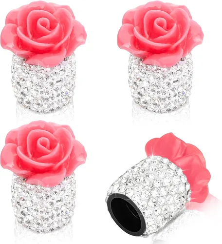 Vista 8 de Tapas brillantes para válvula de neumático 4 Pack, tapas de válvula de neumático con flores de rosa, cubiertas universales de vástago con diamantes
