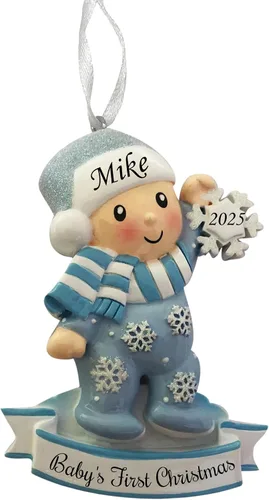 Adorno personalizado para bebé niño en pijama con copo de nieve 2024, adorno para primer árbol de Navidad, decoración artesanal personalizada para