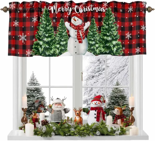 Vista 17 de Cenefa de cortina con lazo rojo de Navidad para ventanas, sala de estar, cocina, baño, granja, bolas de Navidad de acuarela con diseño de bayas