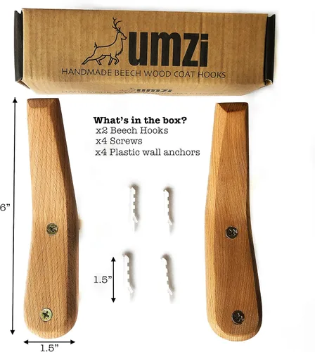 Vista 4 de UMZi Ganchos de pared de madera, paquete de 2 ganchos montados de madera rústica resistente para bata, perchero para sombreros, para colgar toallas
