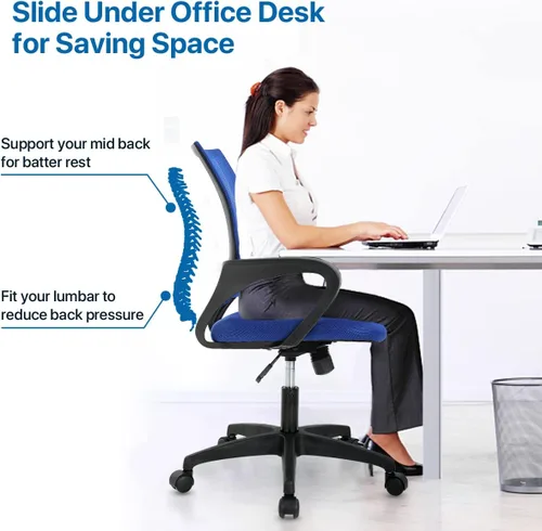 Vista 6 de Silla ergonómica de oficina para el hogar, silla de escritorio de malla con respaldo medio, silla de computadora con soporte lumbar, reposabrazos