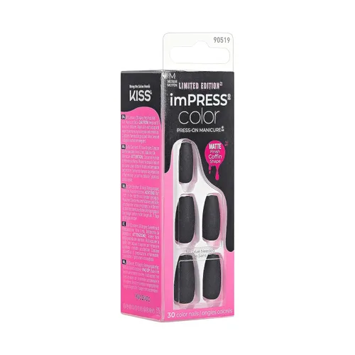 Vista 6 de Uñas postizas a presión de color imPRESS, de Halloween, sin necesidad de pegamento, negras, de ataúd mediano, 33 unidades.