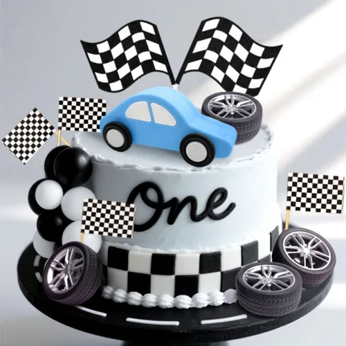 Vista 3 de JeVenis Decoración de pastel de coche de carreras, decoración de pastel de bandera a cuadros, decoración de pastel de crecer dos cumpleaños rápido
