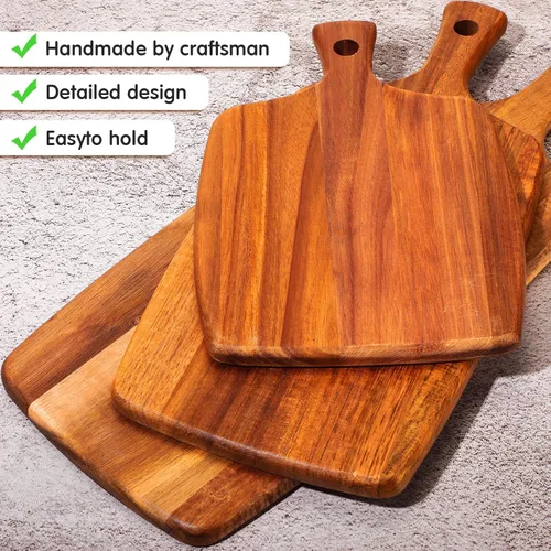 Vista 6 de Kathfly 3 tablas de cortar de madera de acacia con mango láser de madera para servir charcutería para verduras, carne, pizza, queso, pan de frutas