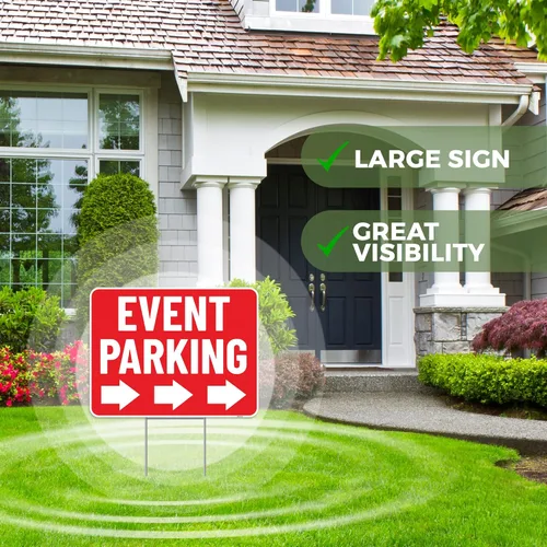 Vista 5 de 2 letreros de estacionamiento para eventos con estaca, 17 x 13 pulgadas, letreros de doble cara, plástico corrugado, señalización de eventos