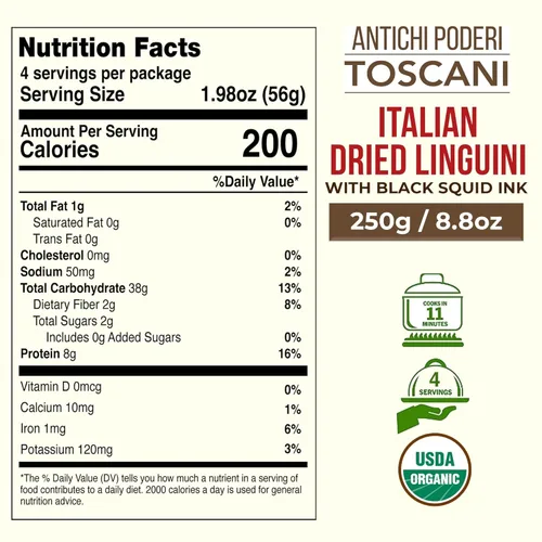 Vista 2 de Antichi Poderi - Pasta orgánica de tinta de calamar negro, fideos de pasta negra hechos con sémola de trigo duro, tinta de calamar y germen