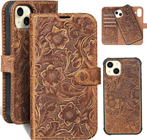 Vista 14 de Funda de cuero compatible con iPhone 13 Pro Wallet de 6.1 pulgadas, piel auténtica 2 en 1, magnética, desmontable, a prueba de golpes, funda