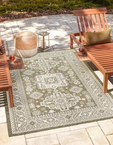 Vista 39 de Unique Loom Outdoor Aztec Collection Alfombra de área - Chalca (10 pies, redonda, azul/marfil)