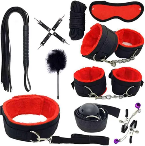 Juego de 10 piezas de sujeción para cama para adultos, correas sexuales rojas para parejas, pulseras ajustables para muñecas, tobilleras, pulseras