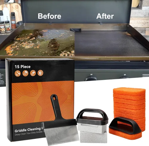 Vista 6 de Kit de limpieza de plancha para Blackstone, 15 piezas de accesorios de parrilla plana - Raspador, ladrillo de limpieza, estropajos y asas