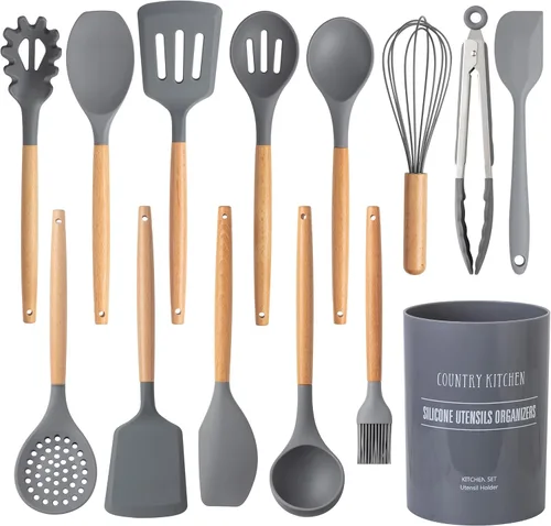 Vista 21 de Country Kitchen Juego de utensilios de silicona antiadherente con asas redondeadas de madera para cocinar y hornear, juego de 8 piezas, caqui